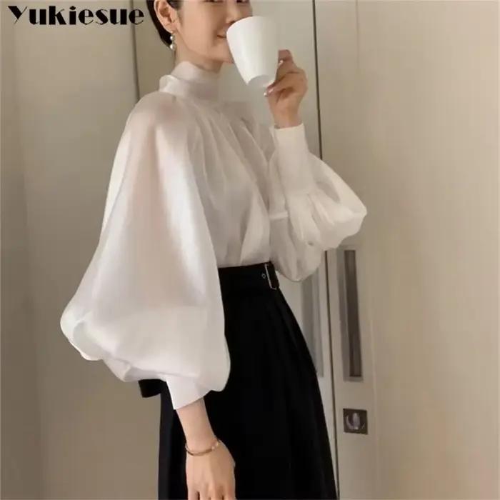 Été printemps France couleur unie chemises concepteur volants cou lanterne manches femmes Blouses nœud papillon soyeux élégant haut tempérament