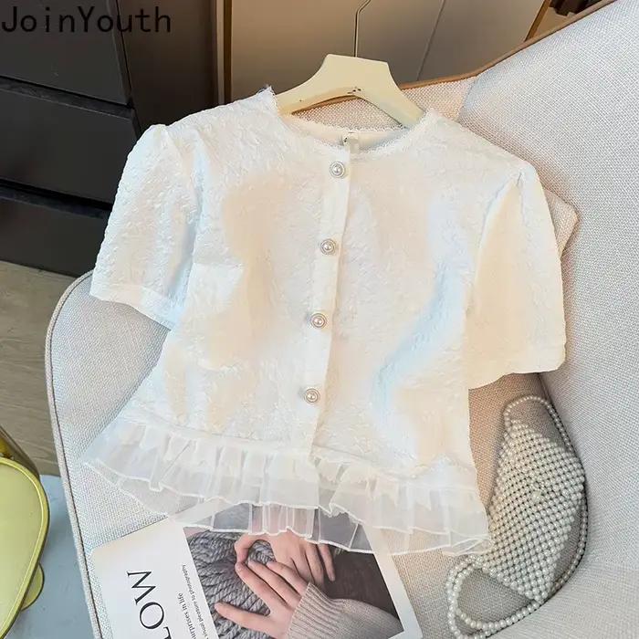 Chemise à manches courtes en dentelle pour femmes, chemisiers doux, vêtements pour femmes, court, chemise jacquard en Y, tunique vintage, chemisier d'été, 2025