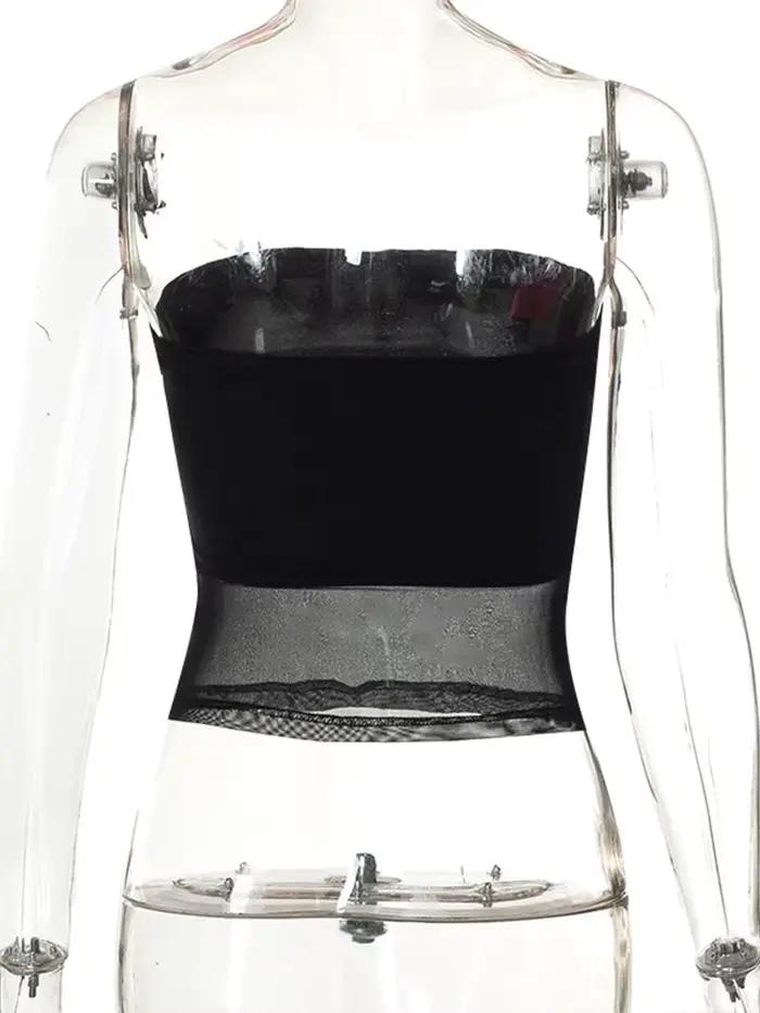 Haut court en patchwork de corset en maille noire pour femmes, bustier tubulaire, sexy sans manches, épaules dénudées, camisole d'été, streetwear, slim, débardeur sans bretelles