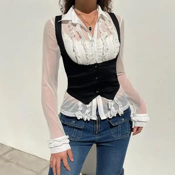 Haut corset croisé noir Vintage Academia pour femme