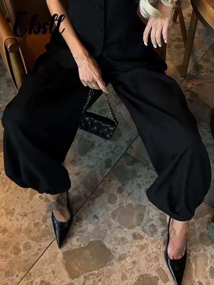 Haut à manches courtes et pantalon ample pour femme, couleur unie, col rond, hauts cintrés à boutonnage simple, pantalon ample coupe lanterne, tenues printemps été