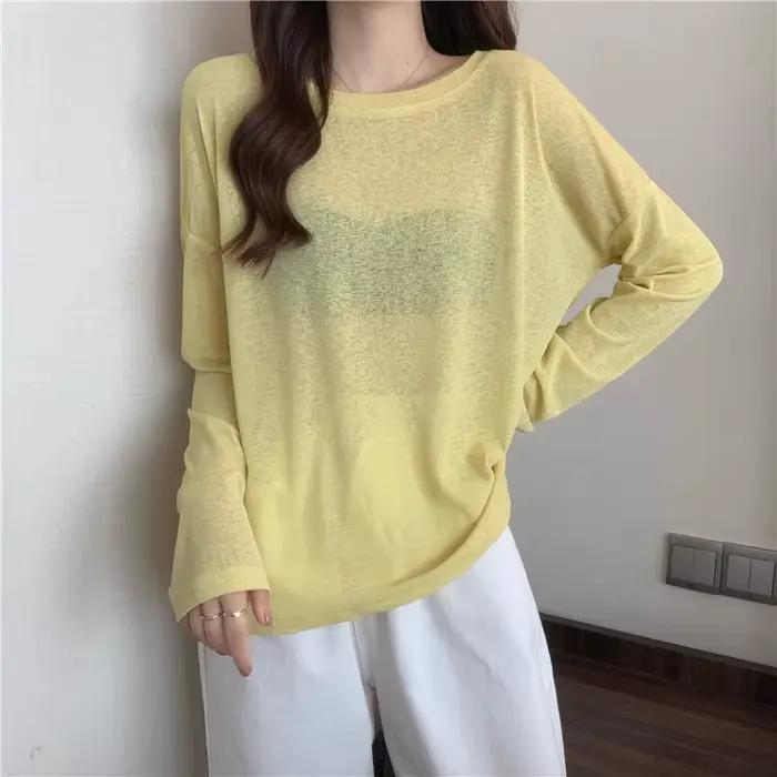 Chemisier Soleil Vert décontracté korean style pour femme, vêtement estival transparent sexy fin cool respirant à la mode assorti à tout confortable UPF50+