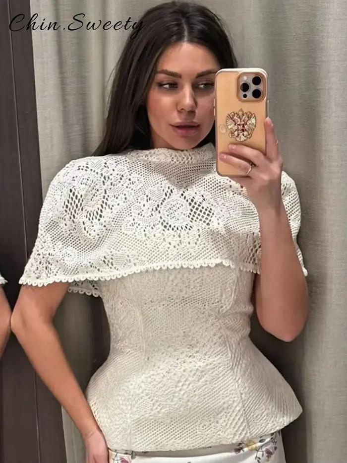 Élégant haut châle en dentelle ajourée pour femme