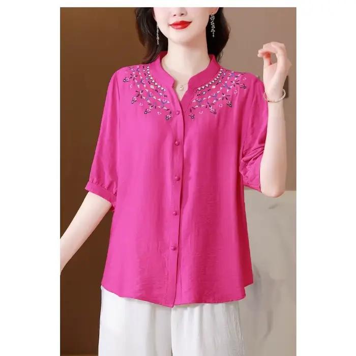 Chemise en lin pour femmes - Col brodé, manches courtes, chemise décontractée
