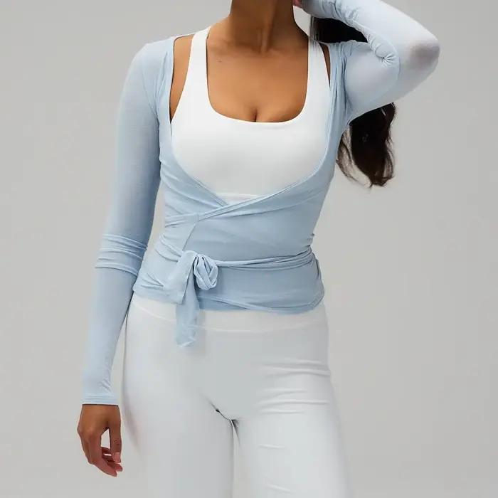 Femmes Yoga Wrap cravate hauts Y2k solide à manches longues coupe ajustée culture