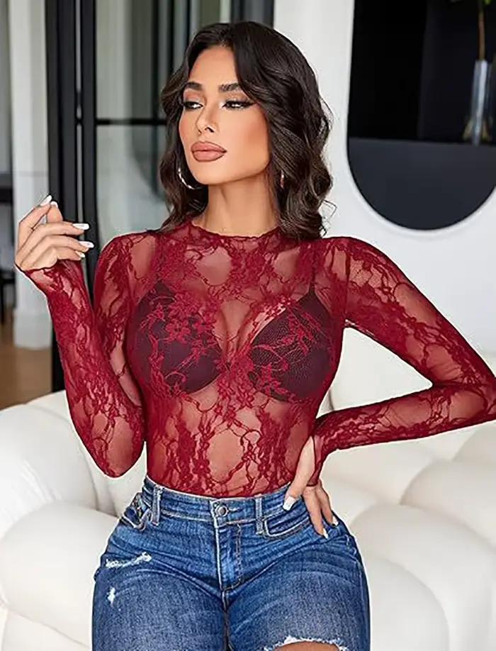 Haut en dentelle à manches longues pour femmes, col d'entreprise, chemise transparente, Perspective fleur, nouvelle collection 2024