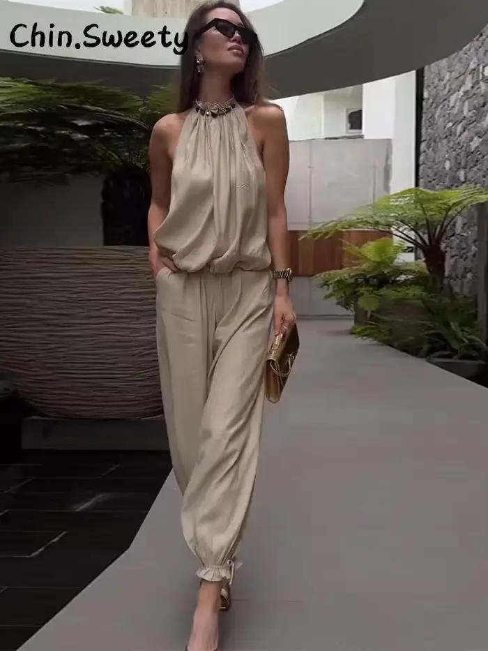 Ensemble élégant pour femme : haut plissé perlé sans manches à col semi-montant et pantalon ample coupe lanterne – Collection été 2026 – Tenue décontractée pour le bureau