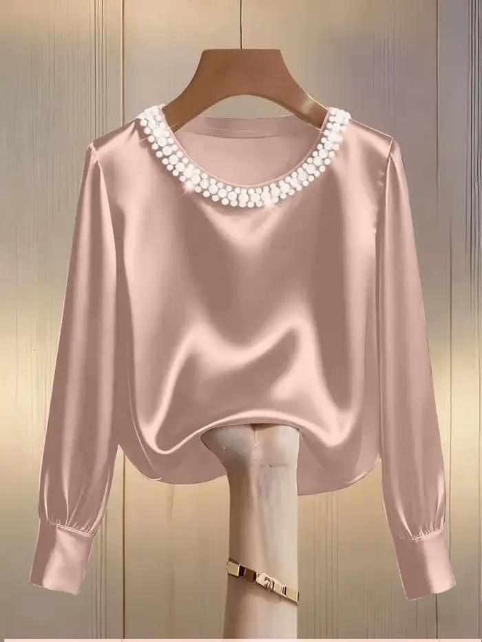 Chemise en satin à col rond perlé haut de gamme française pour le printemps et l'été