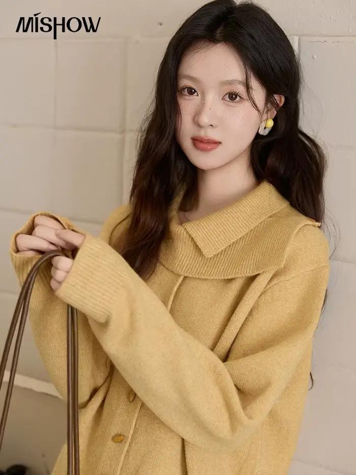 MISHOW Cardigan en tricot jaune moutarde pour femme