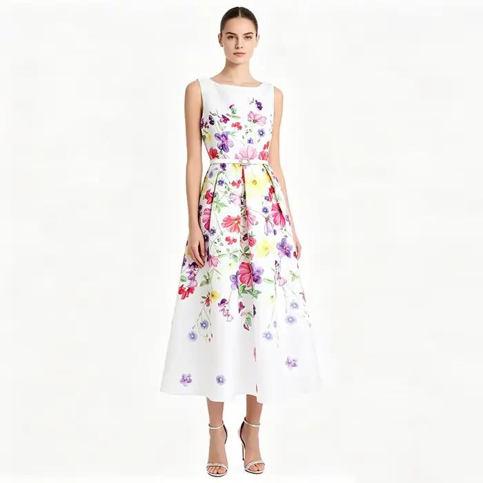 Robe longue sans manches bleu marine à imprimé floral pour femme élégante coupe trapèze avec ceinture pour fêtes et mariages