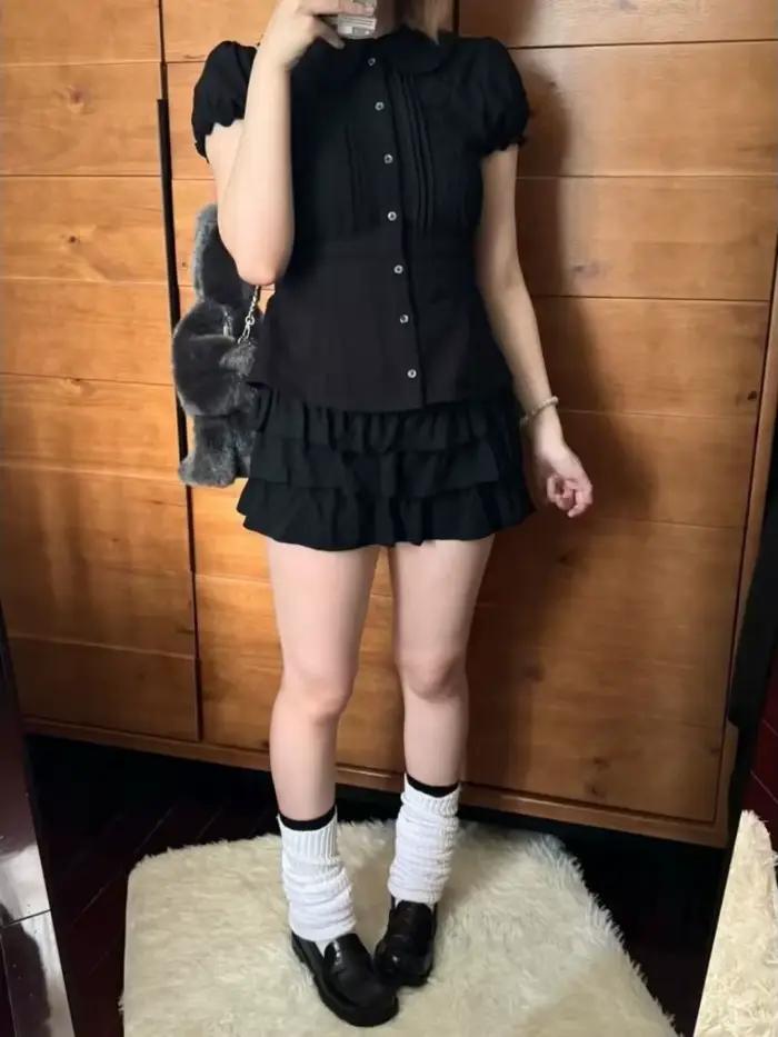 2025 été mignon col de poupée recadrée hauts noirs conception Kawaii à manches courtes chemise de Base Vintage à lacets vêtements décontractés tenues Y2k