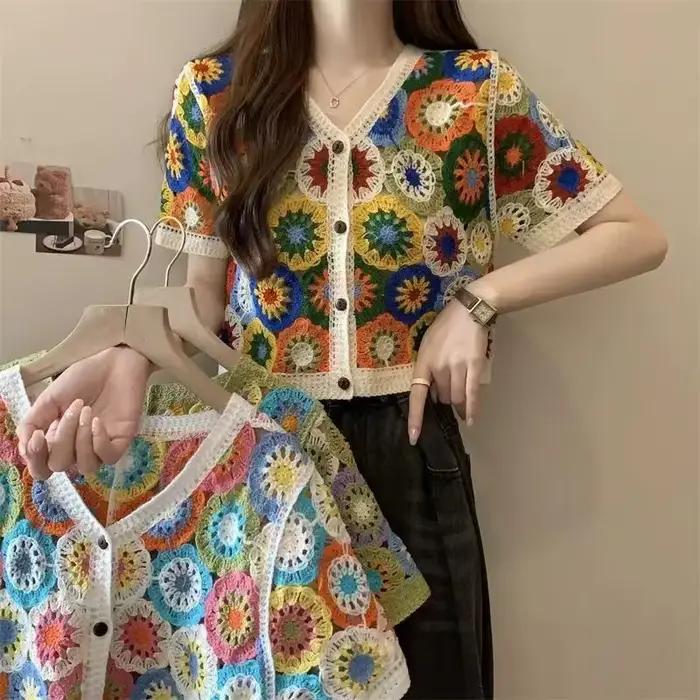 Haut boutonné au crochet transparent à manches courtes pour femmes, style bohème vintage Fairycore, occassions spéciales