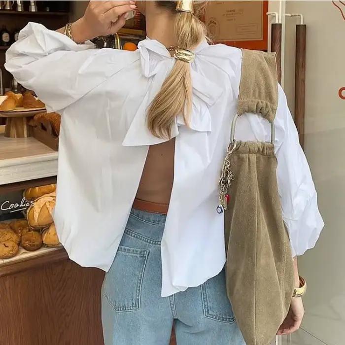 Chemisier ample à manches bouffantes blanc pour femme, col montant, chemise décontractée et élégante pour le bureau, printemps-été, YZRLADY