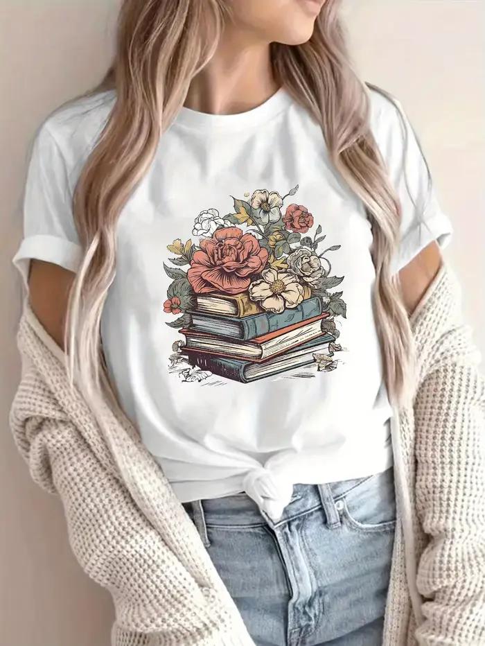 T-shirt pour femme Floral Books - Motif Boho, haut décontracté gris foncé