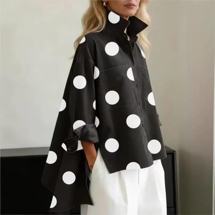 Nouvelles Blouses Vintage Femme 2026 Printemps Automne Imprimé Imitation Jean Col Montant Poches Fendues Hauts