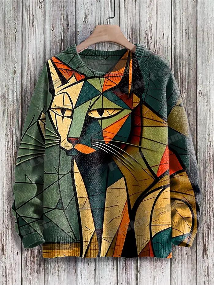 Pull en tricot unisexe avec motif d'art de chat abstrait géométrique mignon imprimé en 3D