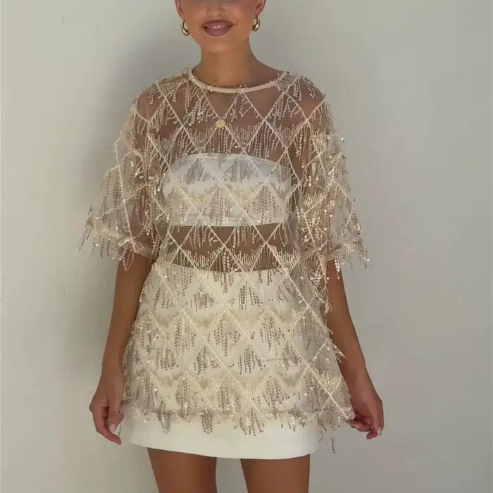 Tunique en maille transparente à paillettes et franges pour femmes style Y2K broderie pampilles scintillantes soirée club streetwear été