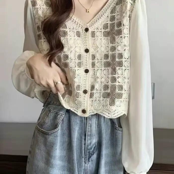 Chemisier au crochet polyester fairycore pour femmes adolescentes printemps été tenue cottagecore plis géométriques mousseline de soie