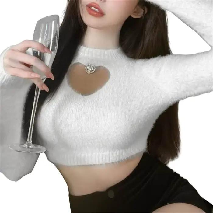 Pull tricoté pull Sexy coeur creux pull court pull hauts 066C