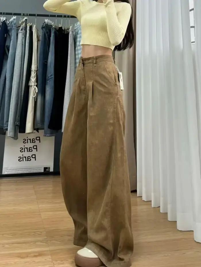 Jeans kakis décontractés bywindto pour femmes, style moderne, pantalon à jambes larges, confortable et durable pour l'automne-hiver