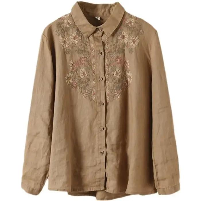 Chemisier rétro ample brodé en coton et polyester pour femmes, col rabattu, manches longues, idéal pour les festivals de musique et les occasions spéciales