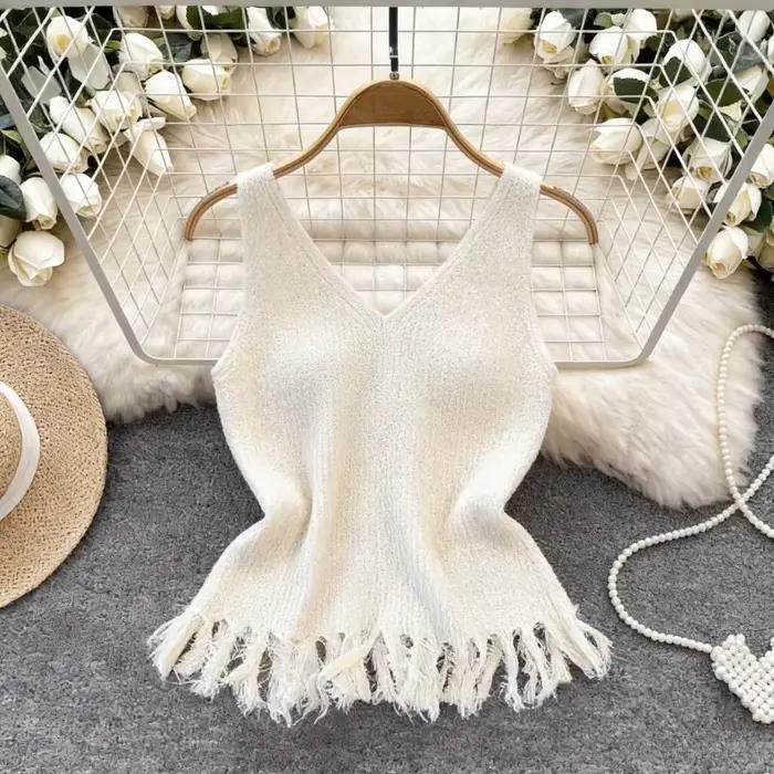 Débardeur court blanc à strass avec logo U et ourlet à franges pour femme