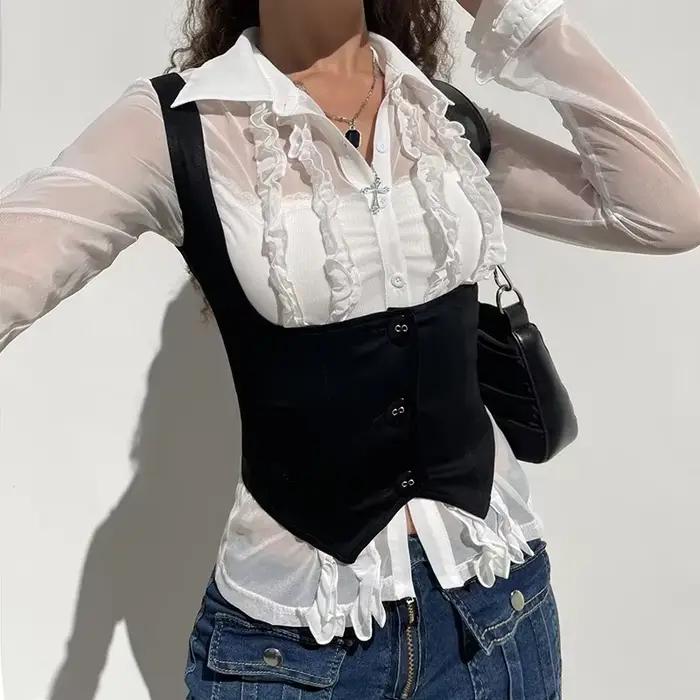 Haut corset croisé noir Vintage Academia pour femme