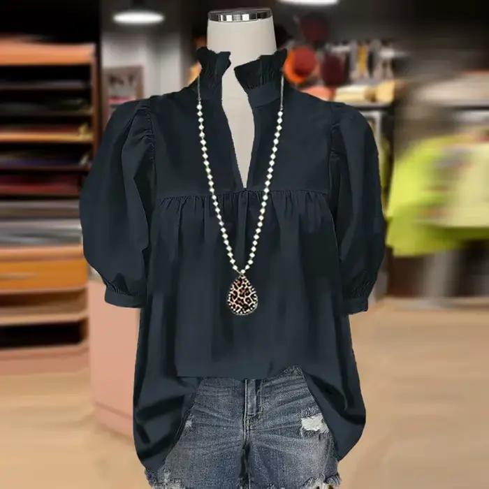 Femmes élégantes Blouses 2025 été solide à manches courtes chemise rouge noir bouton