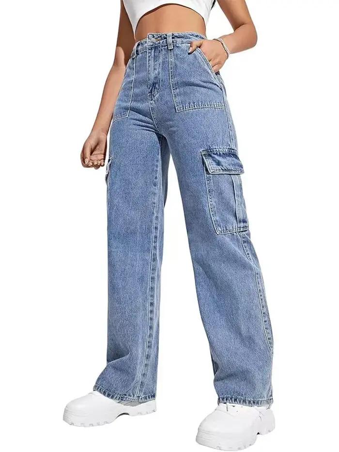 Jeans de travail multi-poches à taille haute pour femmes
