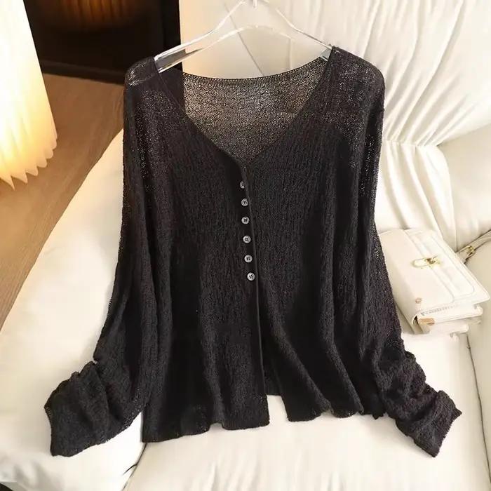 Cardigan léger en maille pour femmes, vêtements ajourés à manches longues, coloris unis, col en V, style décontracté pour printemps été