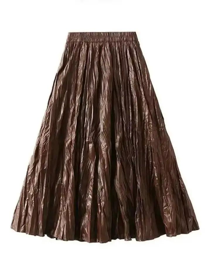 Jupe longue plissée en cuir PU pour femme