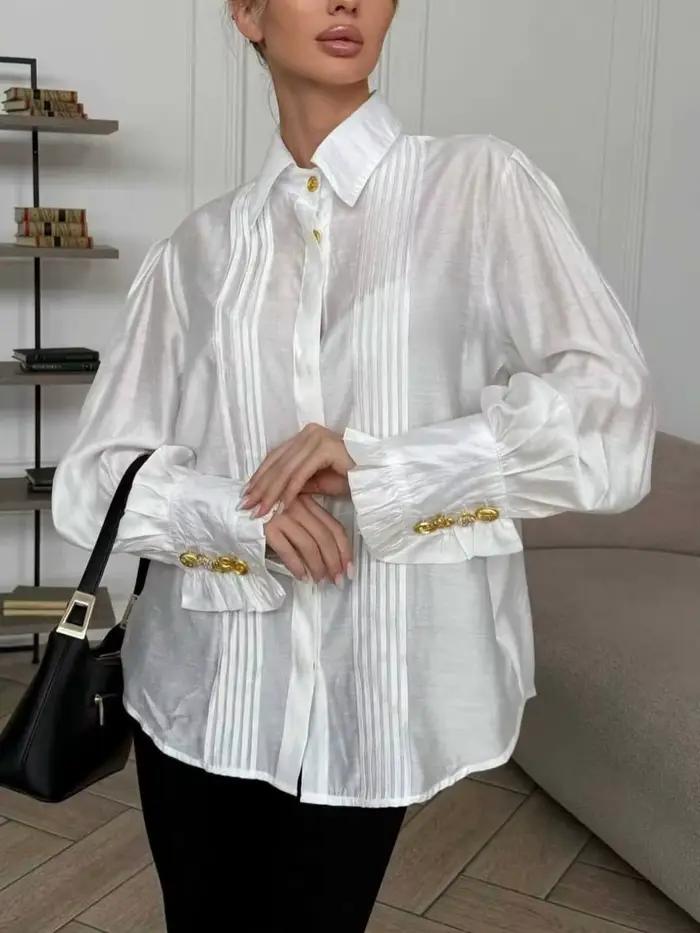 Chemise élégante décontractée à manches longues plissée pour femme NOVA avec boutons décoratifs dorés