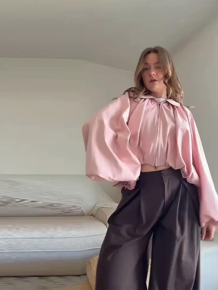Blouson bomber court pour femmes avec manches lanternes, col rabattu, coupe slim, polyester et lin, pour toutes les saisons, mode urbaine, occassions spéciales