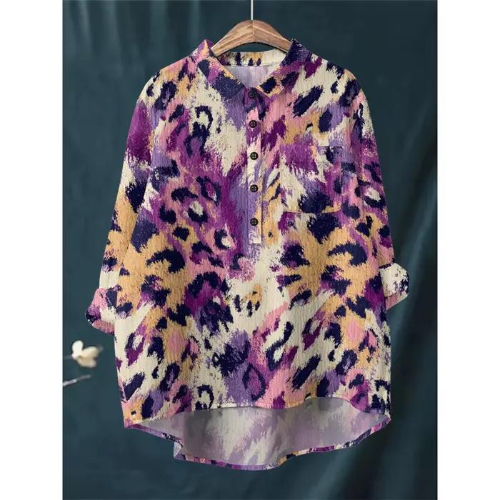 Chemise surdimensionnée à imprimé léopard bleu pour femmes, chemisier décontracté ample à manches longues et col demi-bouton avec poche, hauts confortables pour occasions spéciales