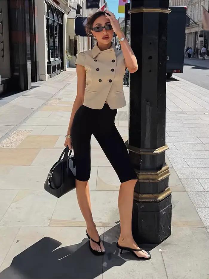 Chemisier ajusté kaki pour femme, décontracté, double boutonnage, manches courtes, chic et élégant pour occasions spéciales