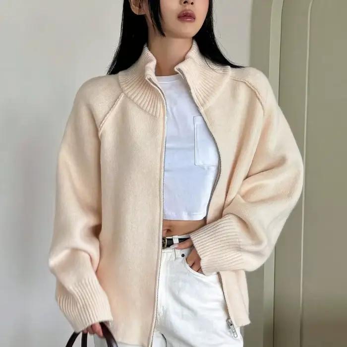 Pull manteau femmes automne hiver nouveau Style coréen couleur unie col montant fermeture éclair tricoté Cardigan haut