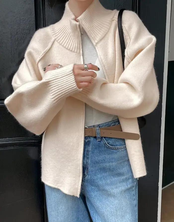 Cardigan en maille polyesters zippé pour femme, col montant, coupe ample, style décontracté, pour automne-hiver occasions spéciales