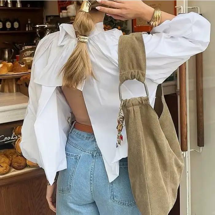 Chemisier ample à manches bouffantes blanc pour femme, col montant, chemise décontractée et élégante pour le bureau, printemps-été, YZRLADY