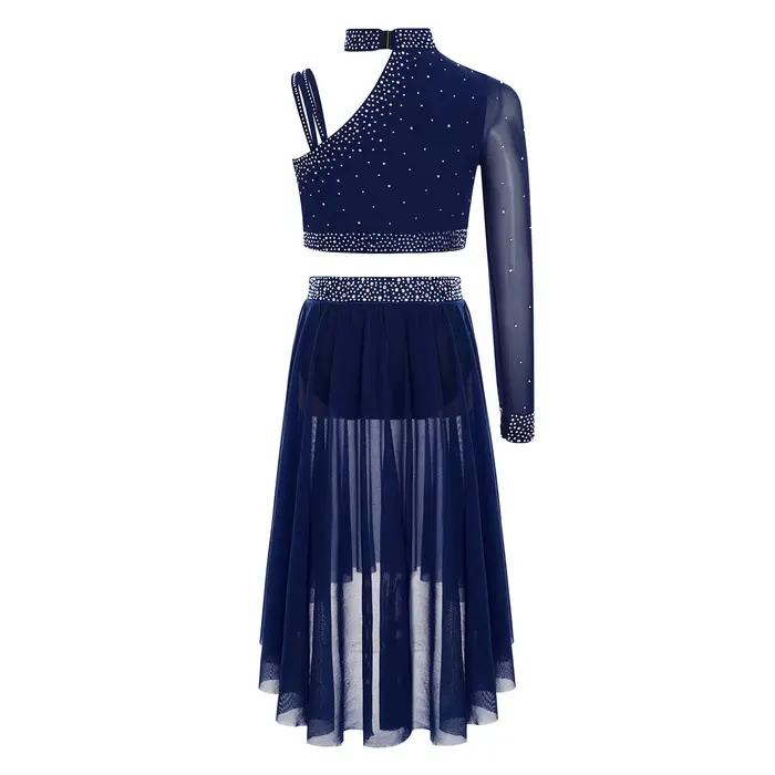 Ensemble de danse lyrique haut court asymétrique épaule dénudée avec fente latérale jupe en maille irrégulière pour filles occasions spéciales performances danse moderne concours