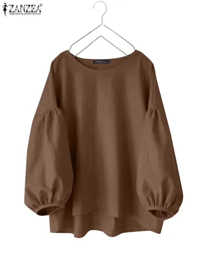 2025 printemps automne Blouse ZANZEA décontracté col rond à manches longues Chemise femmes tunique hauts solide Chemise ample femme OL travail Blusas