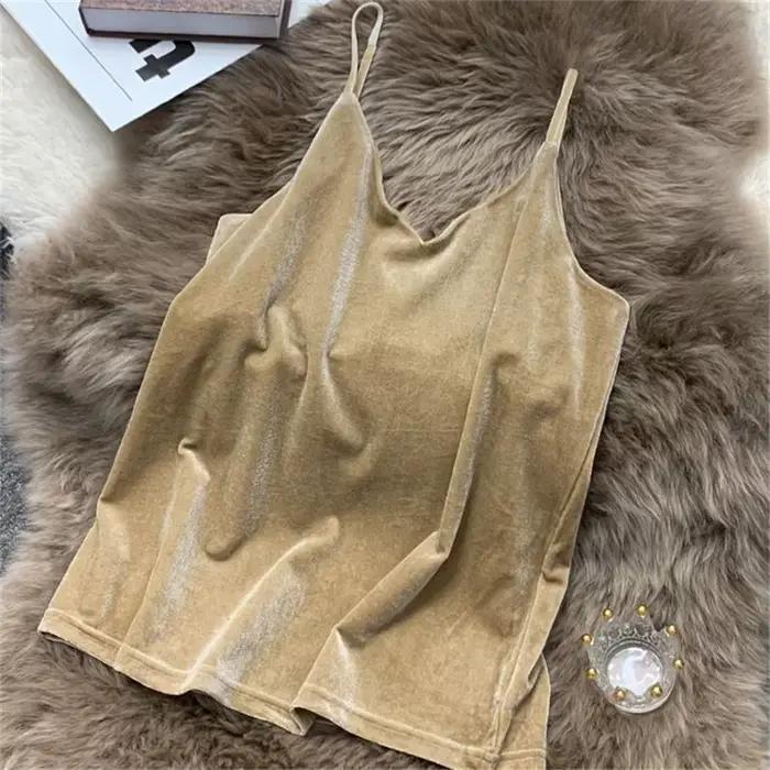 Camisole en velours pour femme, col en V, bretelles spaghetti, vintage, sexy, élégant, décontracté, printemps été