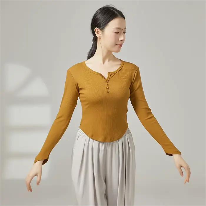 Chemise de danse moderne pour femme en viscose côtelée, haut de poitrine, sans manches, pour yoga, danse moderne, ballet et spectacle