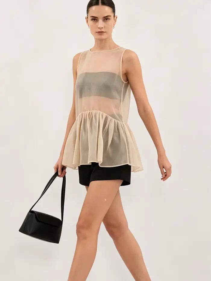 LIMO Sheer Ruffle Hem Tank Top See-Through Sleeveless Blouse Elegant A-Line Transparent Cover