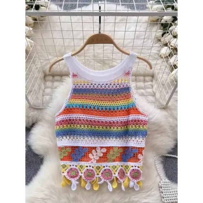 Débardeur bohème tricoté Dancing JL Ants design rétro crochet coloré pour femmes occasions spéciales vacances fantaisie