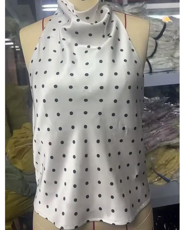Haut à pois en satin tricolore avec nœud licou pour femmes élégantes et polyvalentes occasions spéciales