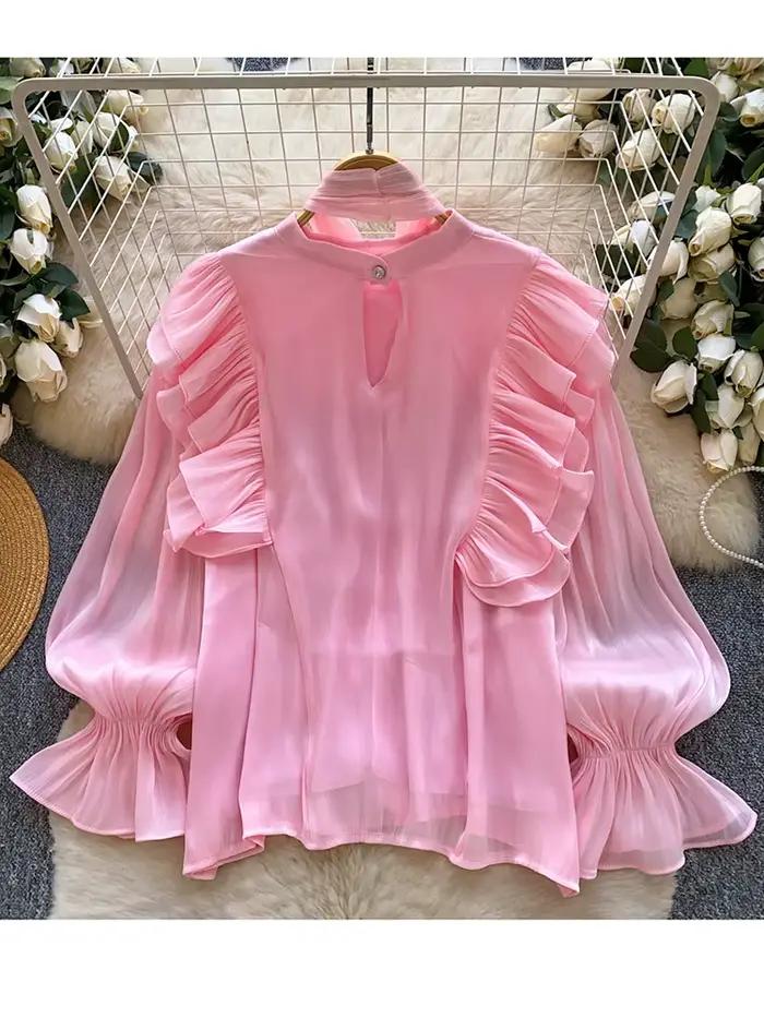 Chemisier élégant pour femme en mousseline avec nœud décoratif et ourlet à volants