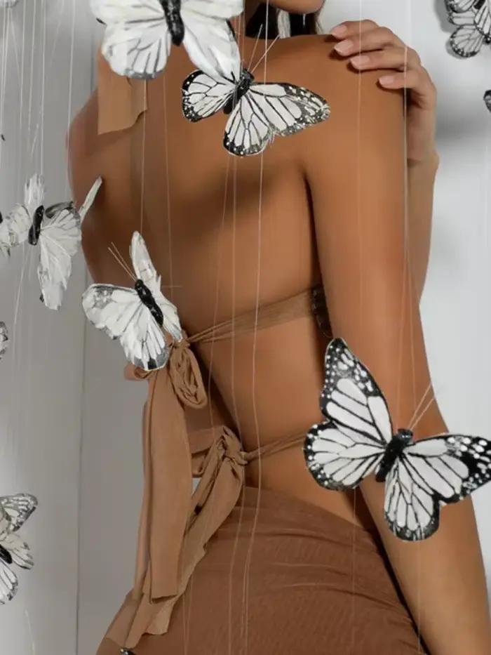 Haut papillon pour femme en polyester et élasthanne, style Y2K, dos nu, élégant et sexy pour soirées et événements spéciaux