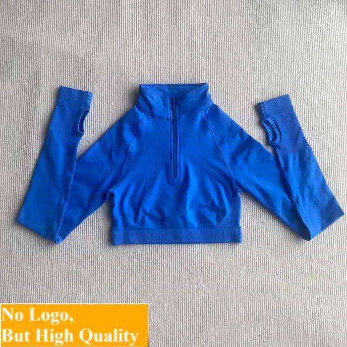 Haut court de sport pour femme, demi-zip, manches Roland, trou pour le pouce, bas côtelé très élastique, pour fitness, yoga et course à pied, argent, blanc, bleu ciel, bleu, bleu marine, bourgogne, brun, champagne, clair, couleur mixte, fuchsia, gris, gris foncé, ivoire, jaune
