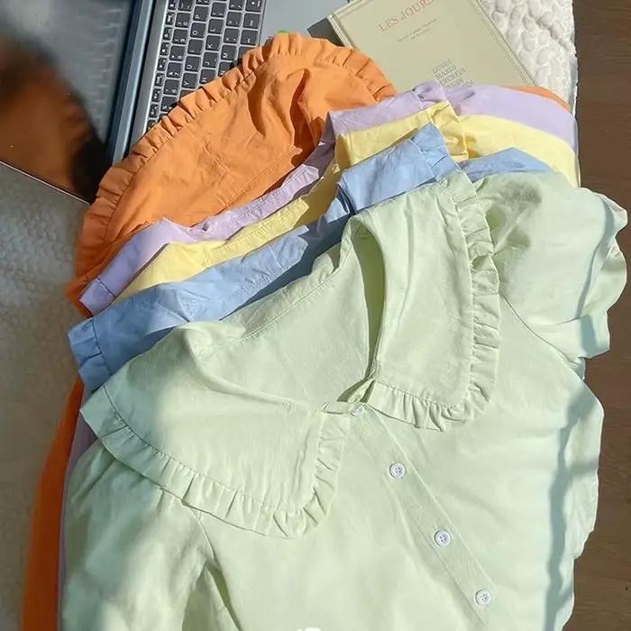 Chemise à volants de style français doux pour femmes, printemps-été 2026, manches bouffantes, chemise à boutons, jaune clair, col Peter Pan