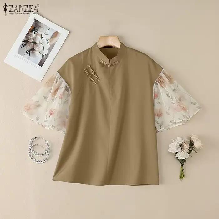 ZANZEA Vintage col Mandarin grenouille boutons Blouses femmes élégant manches en mousseline de soie florale Patchwork Blouse été femme hauts